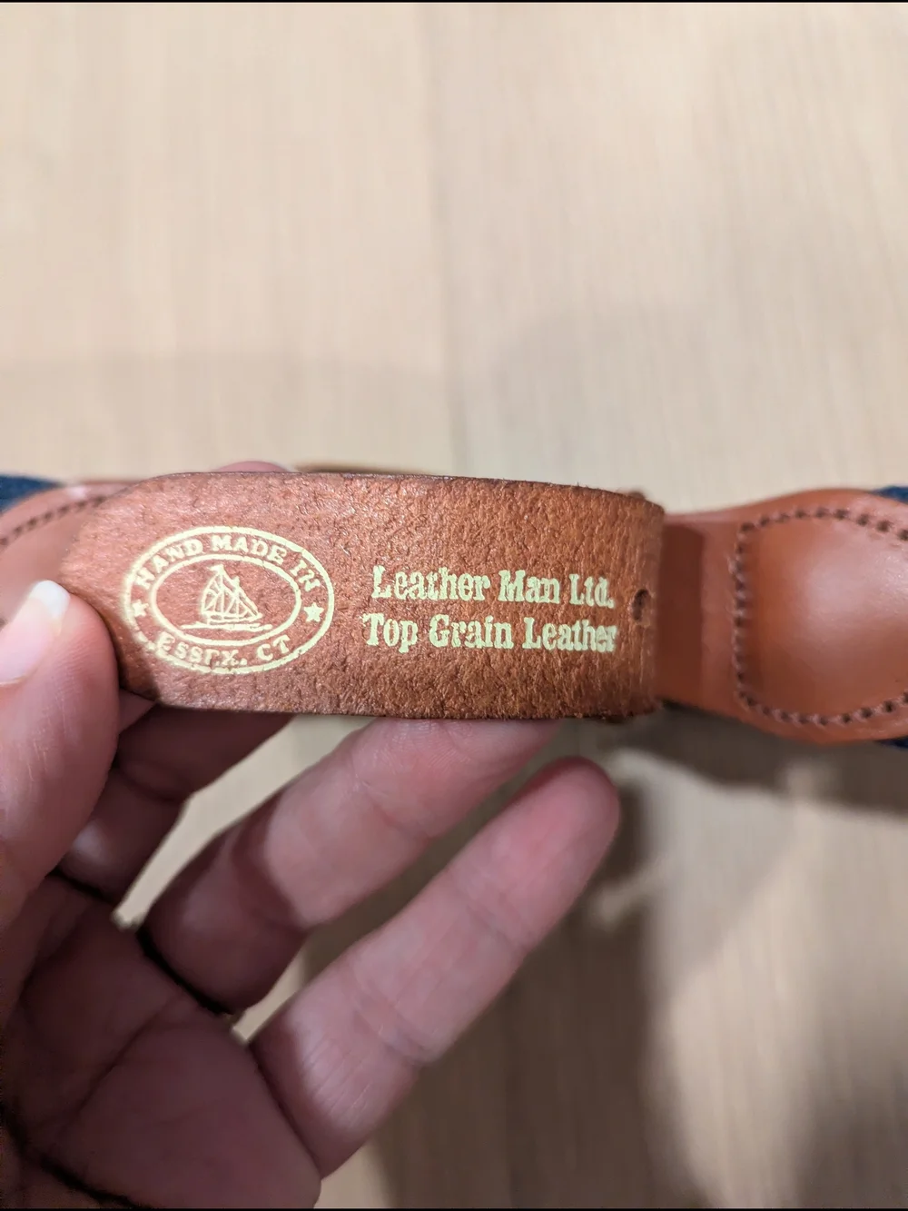 Navy Embroidered Golf Themed Belt with Tan Leather Accents Size S?